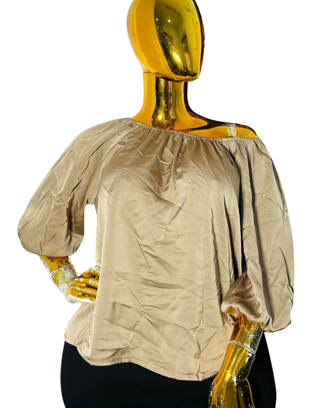 ShoulderMuse™ beige off-shoulder draped blouse with three-quarter sleeves, fits bust sizes 39–44 inches