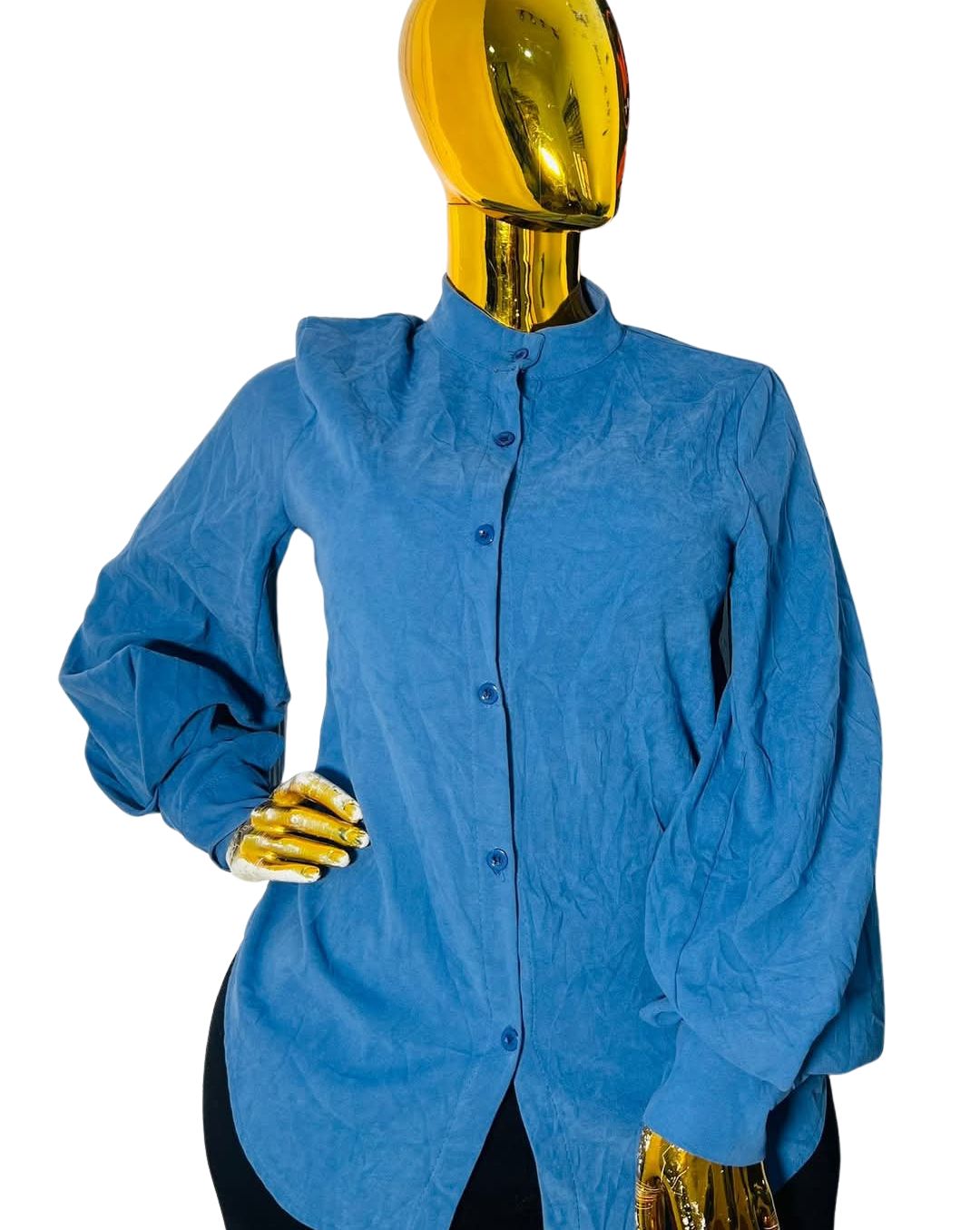 PowerLine™ blue long sleeve button-up shirt with high collar and subtle textured finish, structured fit for bust sizes 36 to 40 inches