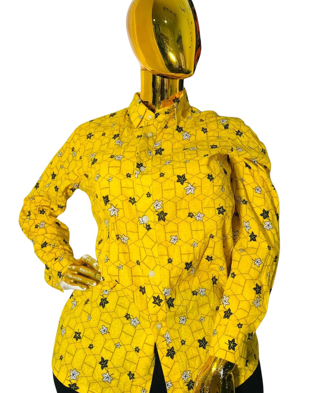 GeoBloom™ yellow button-up shirt with geometric and floral print, long sleeves, collared neckline, fits bust sizes 37–40 inches