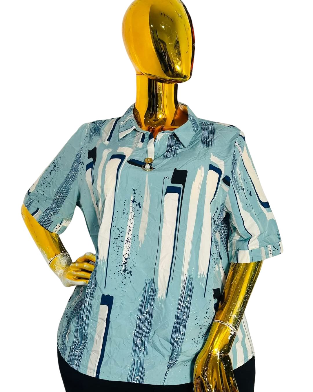 StriLux™ light blue abstract stripe button-up shirt with crisp collar, short sleeves, and free size fit for busts 36–42 inches