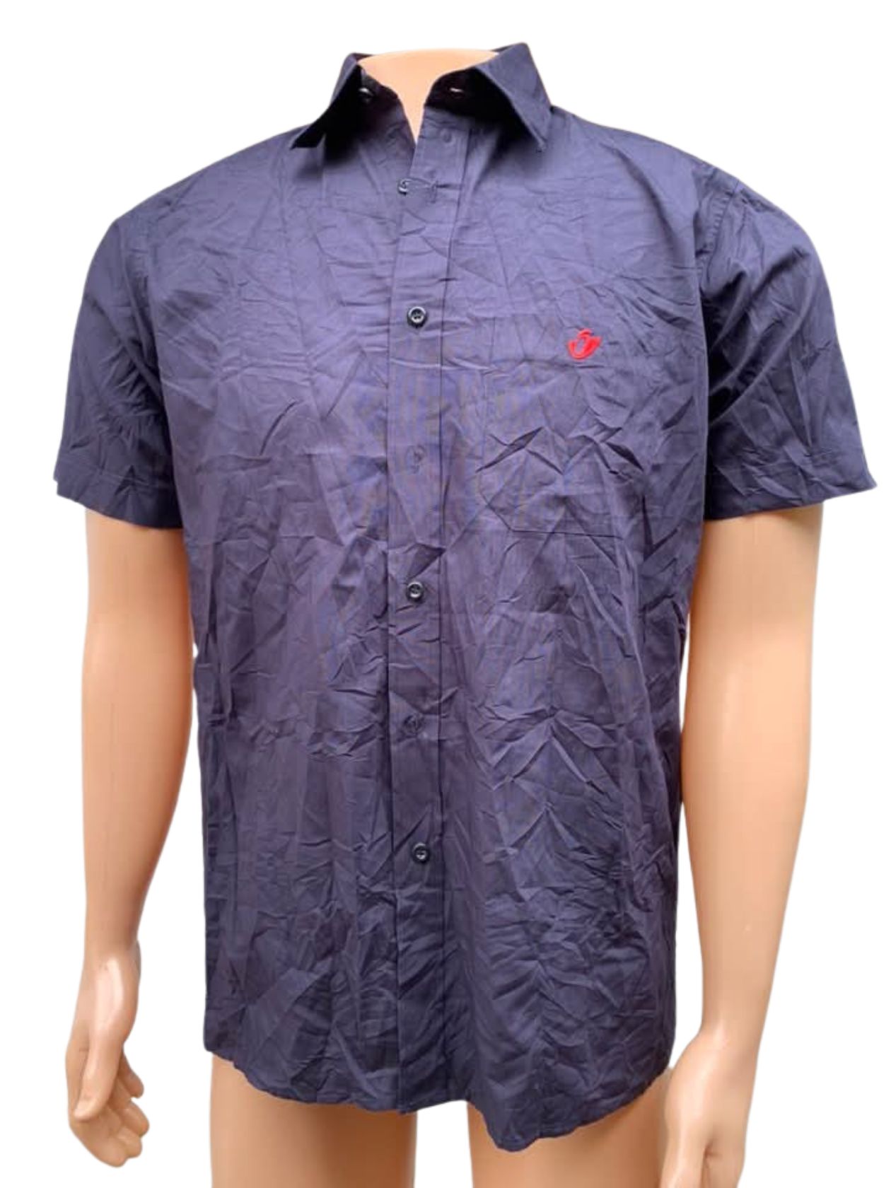 Dark blue short-sleeved button-up shirt with collar, black buttons, and red emblem on chest; fits chest 37–39 inches, neck 14–16 inches”