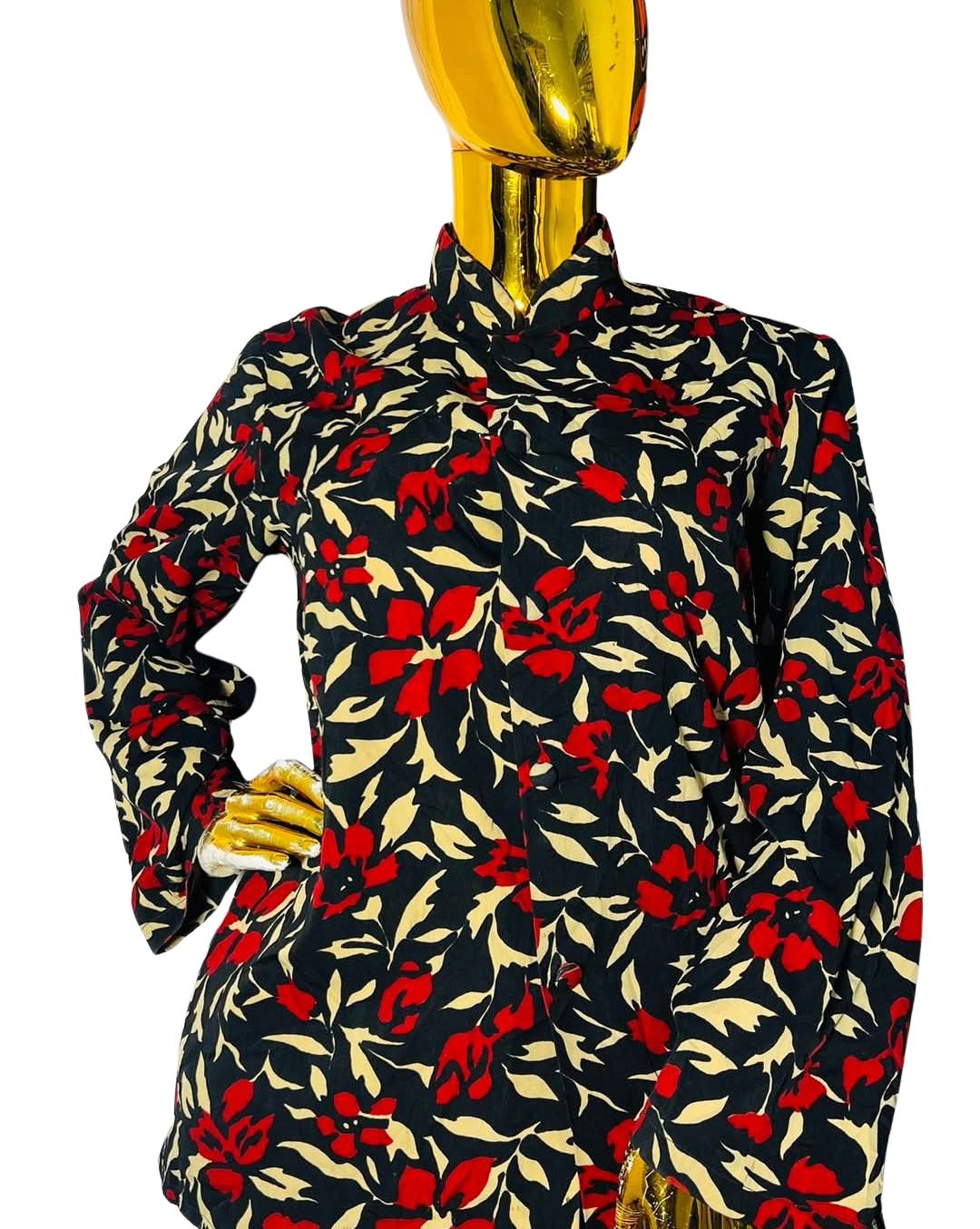 FloraBold™ button-up blouse with black base, red and beige floral print, long sleeves, and classic collar for bust sizes 39–44 inches
