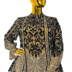 Golden Reign™ baroque high-neck blouse with gold and black swirl pattern, ruffled sleeves, and fitted shoulders, fits busts 42–46 inches