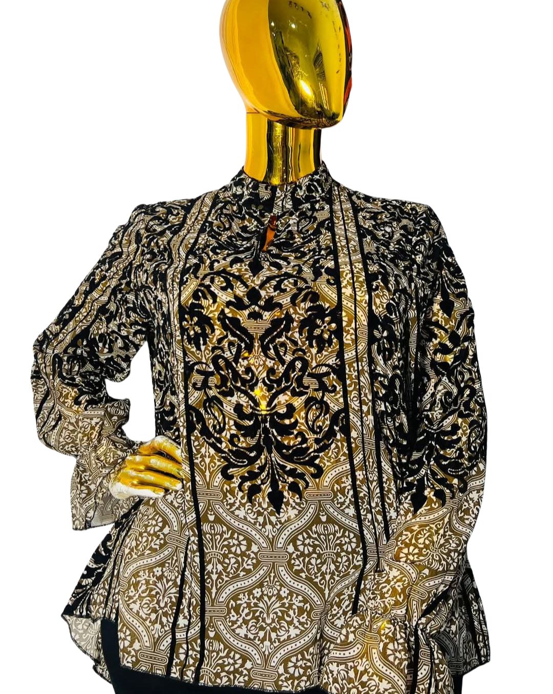 Golden Reign™ baroque high-neck blouse with gold and black swirl pattern, ruffled sleeves, and fitted shoulders, fits busts 42–46 inches