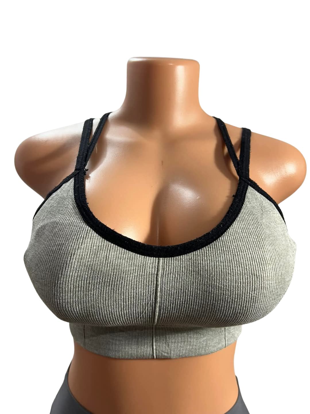Front view of CoreFlex™ ribbed grey padded bralette with crisscross straps, size 12"