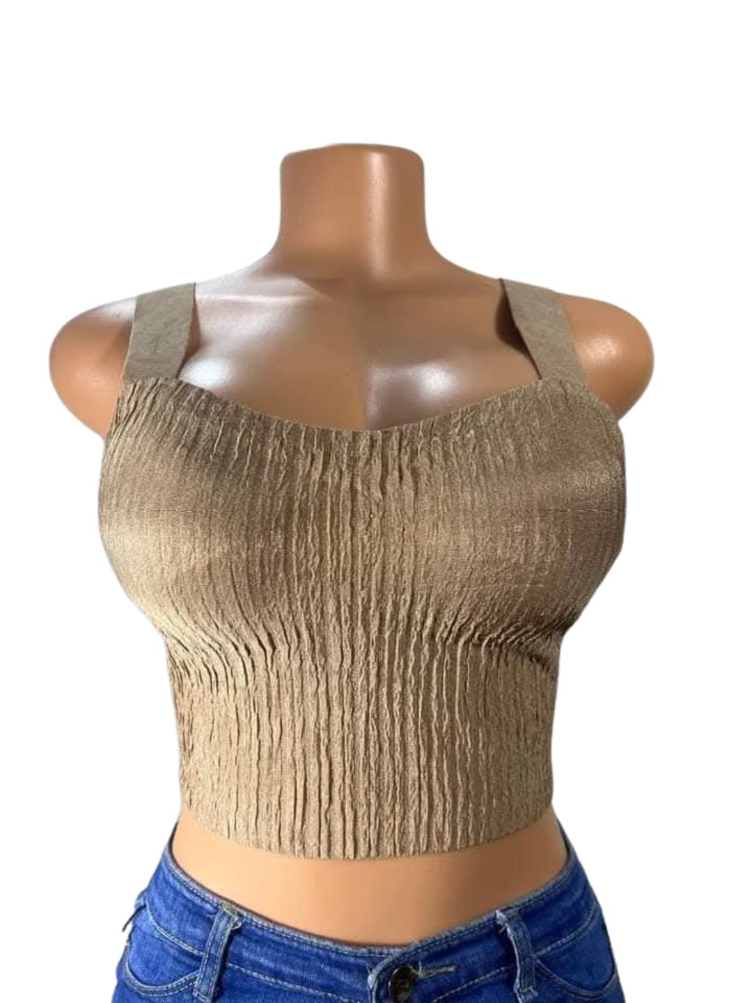 Front view of SaharaTone™ textured beige ruched bralette with wide straps, size 10"