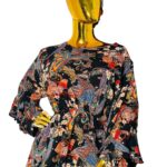 Paisley Bloom™ long sleeve blouse with colorful paisley floral print, cinched waist, and ruffle detail, fits busts 40–45 inches