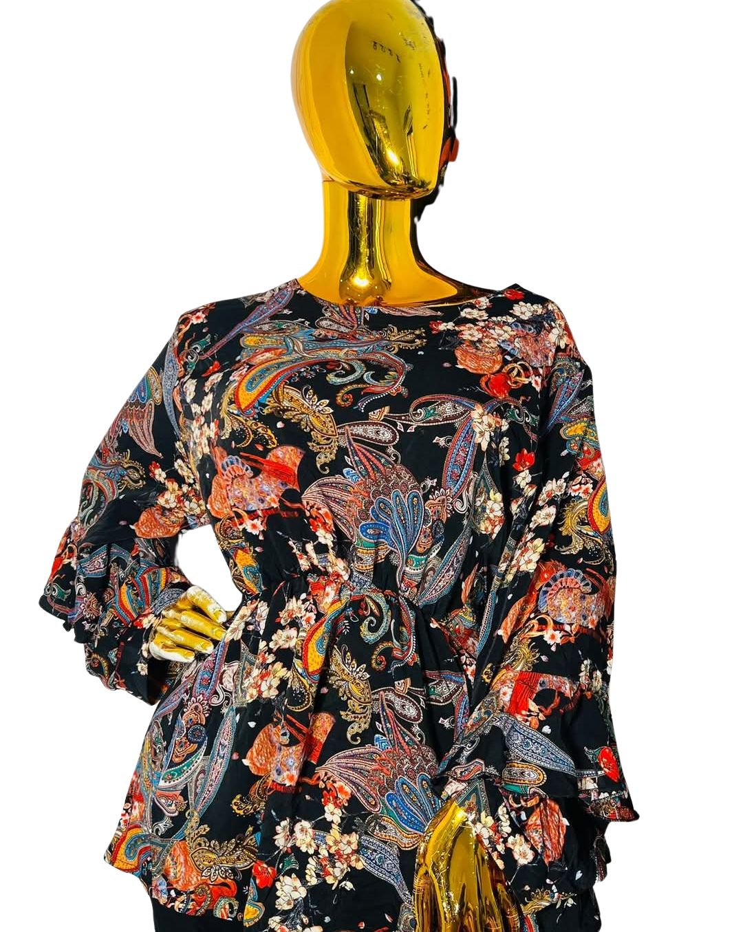 Paisley Bloom™ long sleeve blouse with colorful paisley floral print, cinched waist, and ruffle detail, fits busts 40–45 inches