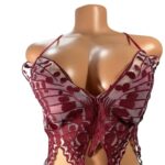 Front view of PapillonLuxe™ butterfly-shaped embroidered bralette with burgundy criss-cross ties, size 8–10"