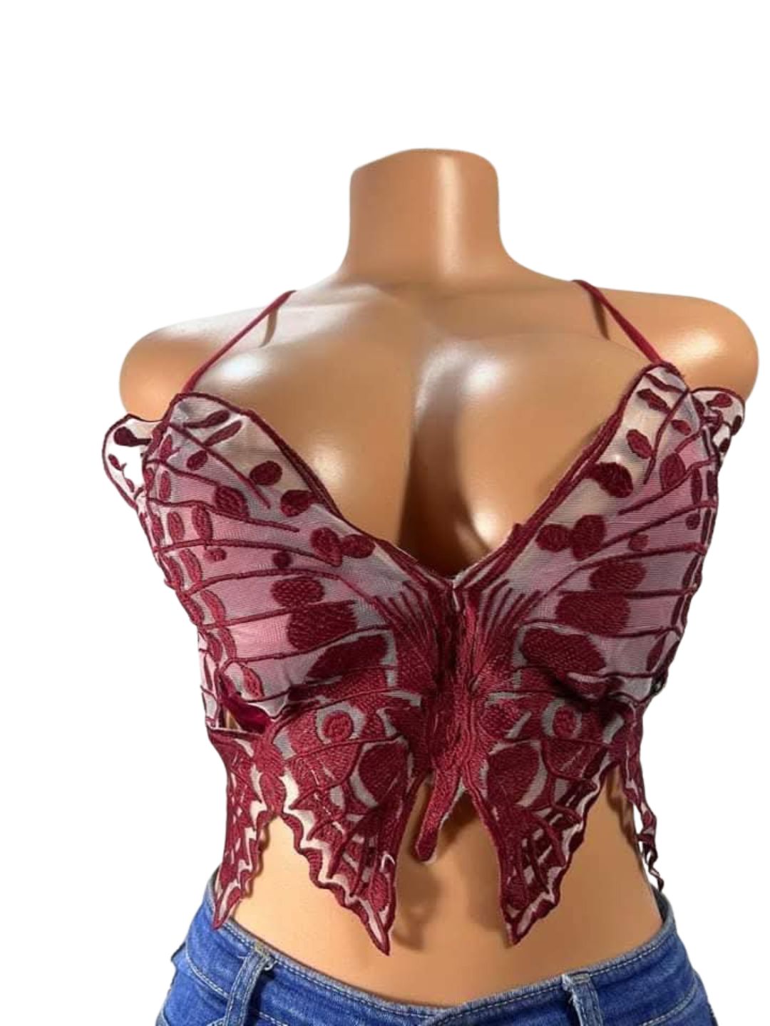 Front view of PapillonLuxe™ butterfly-shaped embroidered bralette with burgundy criss-cross ties, size 8–10"