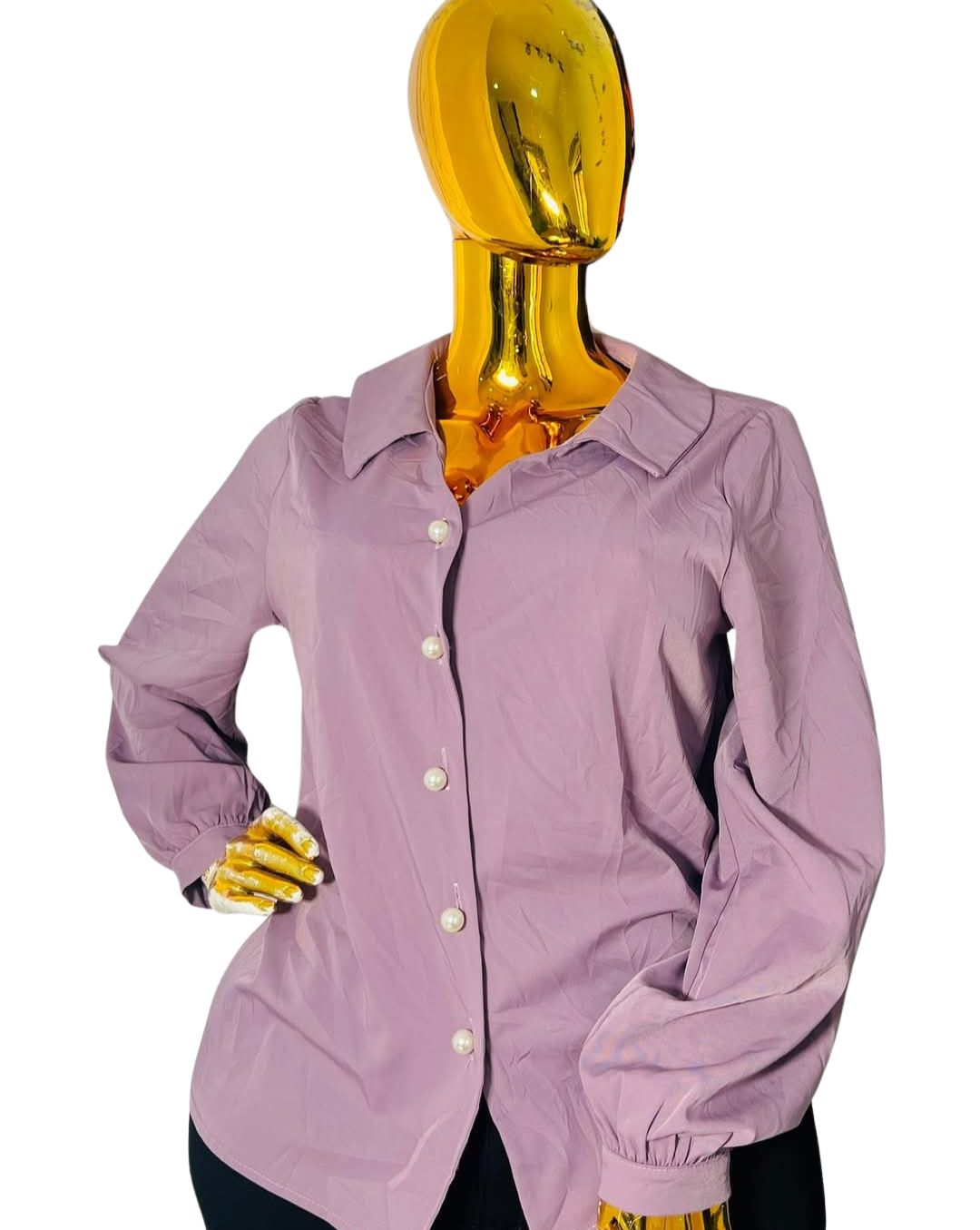 Lilasheen™ lavender blouse with pearl buttons and crisp collar, long sleeve relaxed fit, free size for bust 35–38.5 inches