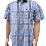 Mannequin wearing short-sleeved plaid shirt in blue, brown, and white pattern with chest logo and button-up front; designed to fit chest 43–45 inches and neck 16–17 inches
