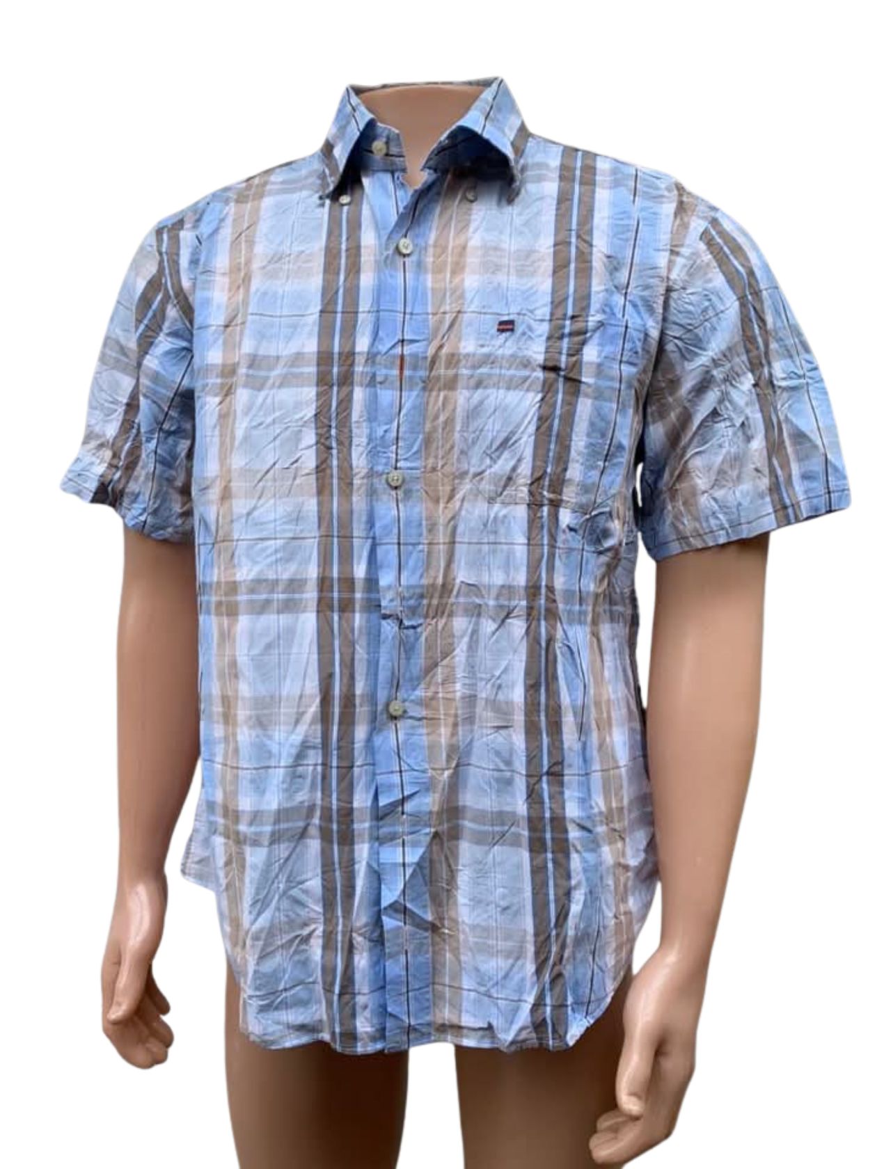 Mannequin wearing short-sleeved plaid shirt in blue, brown, and white pattern with chest logo and button-up front; designed to fit chest 43–45 inches and neck 16–17 inches