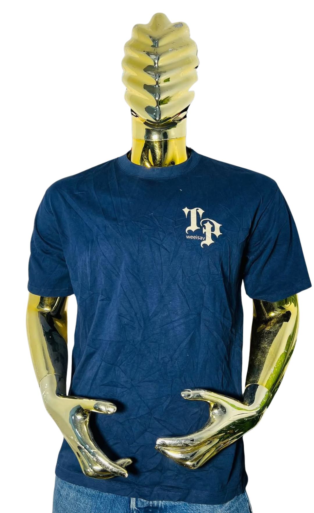 Mannequin wearing dark blue short-sleeved T-shirt with white ‘weesav’ logo on left chest; fits size Large, chest 42–44 inches, neck 16–17 inches