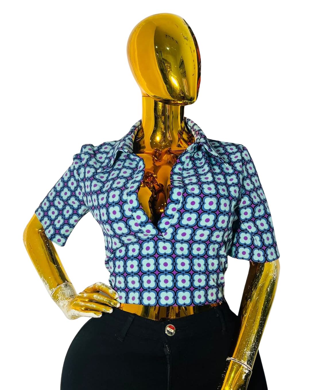 FloraVibe™ blue floral v-neck blouse with structured short sleeves and bold white/navy floral print, fits bust 36–40 inches