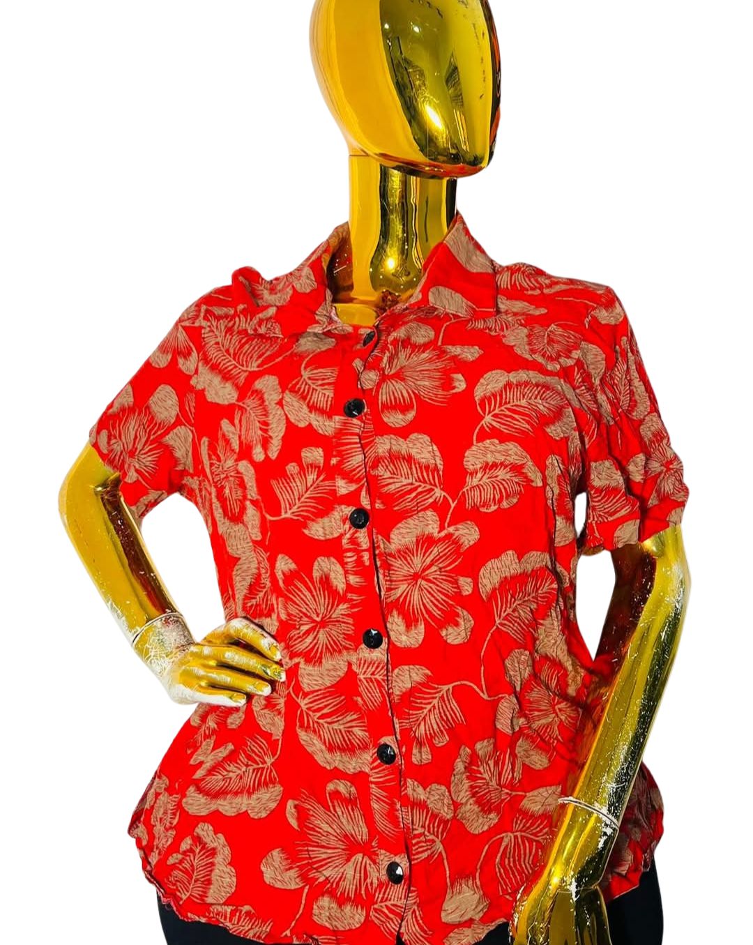 BlossomBold™ red floral short sleeve button-up shirt with black buttons, collared neckline, fits bust sizes 36–38 inches