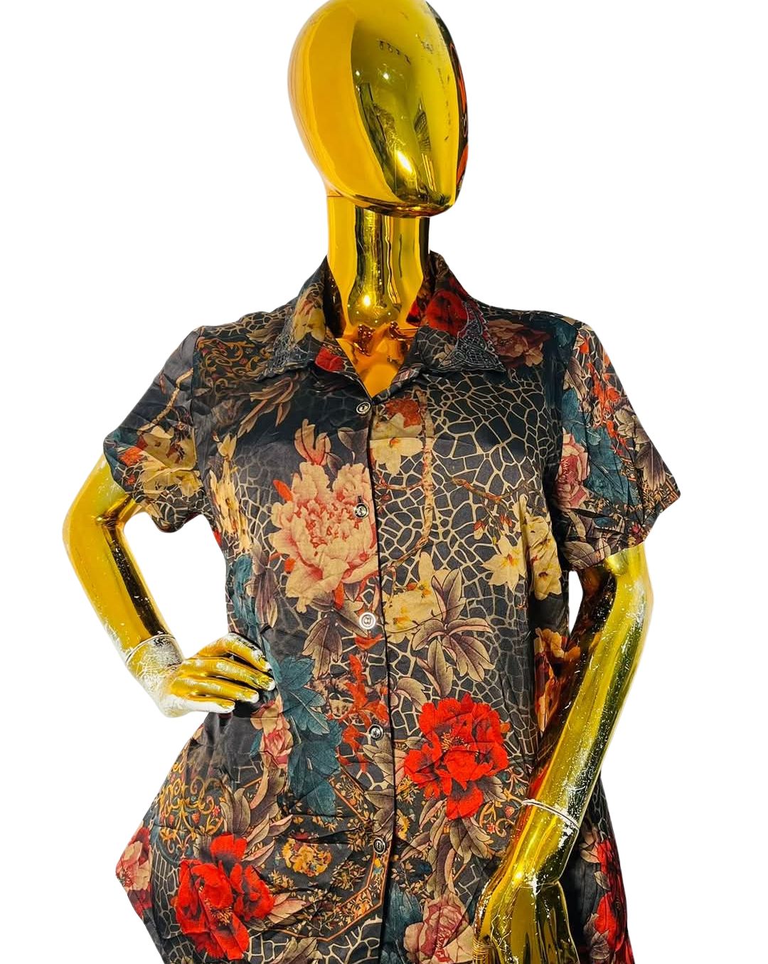 PetalMuse™ multicolor floral button-up shirt with short sleeves and structured fit, designed for bust sizes 36–42 inches