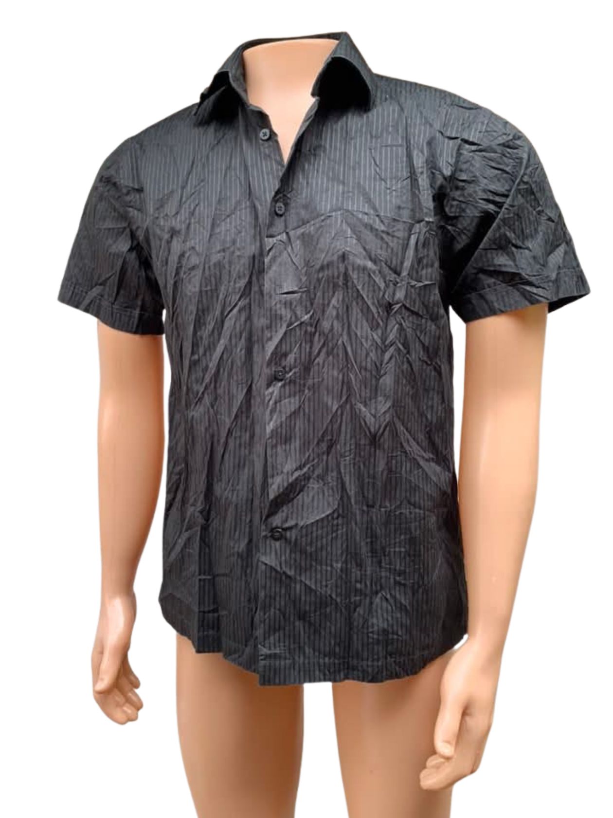 Mannequin wearing short-sleeved black button-up shirt with subtle pinstripe pattern and collared neckline; designed for chest 36–40 inches and neck 14–16 inches (small to medium size)