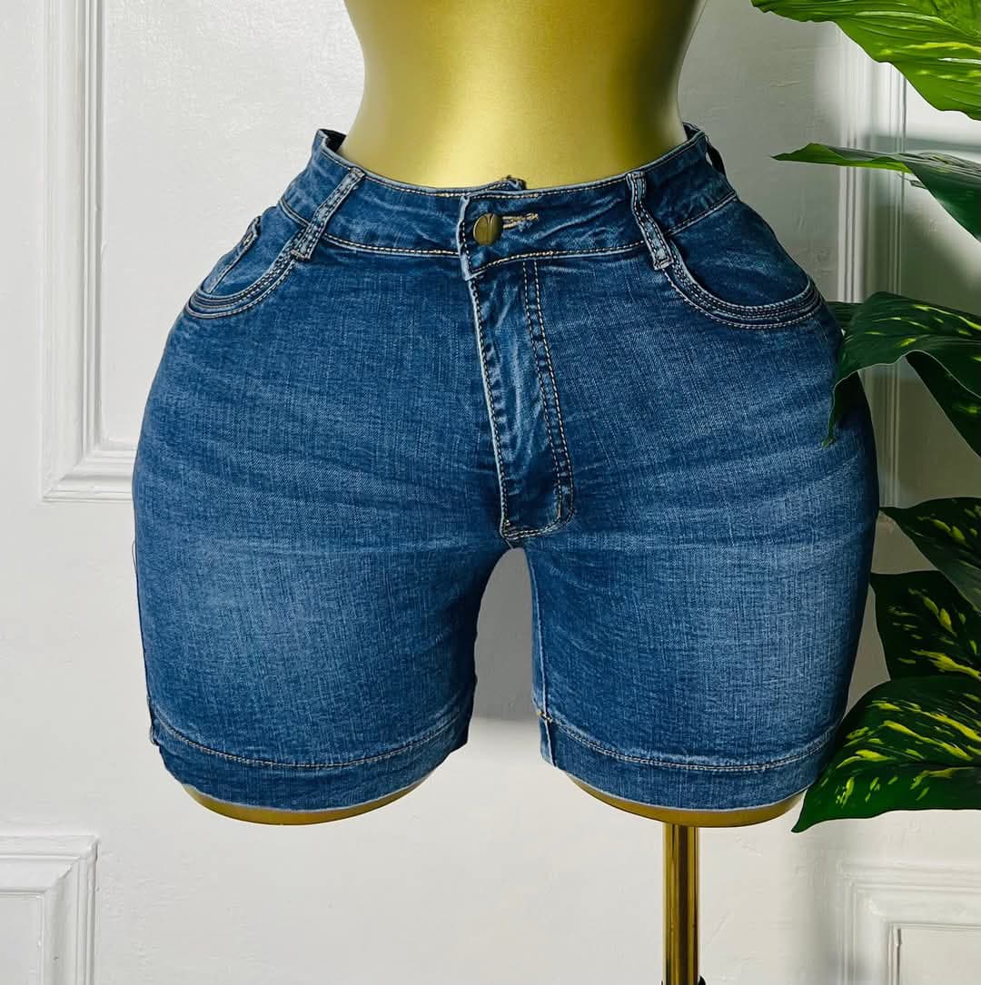 Front view of FlexCurve™ medium blue stretch denim shorts