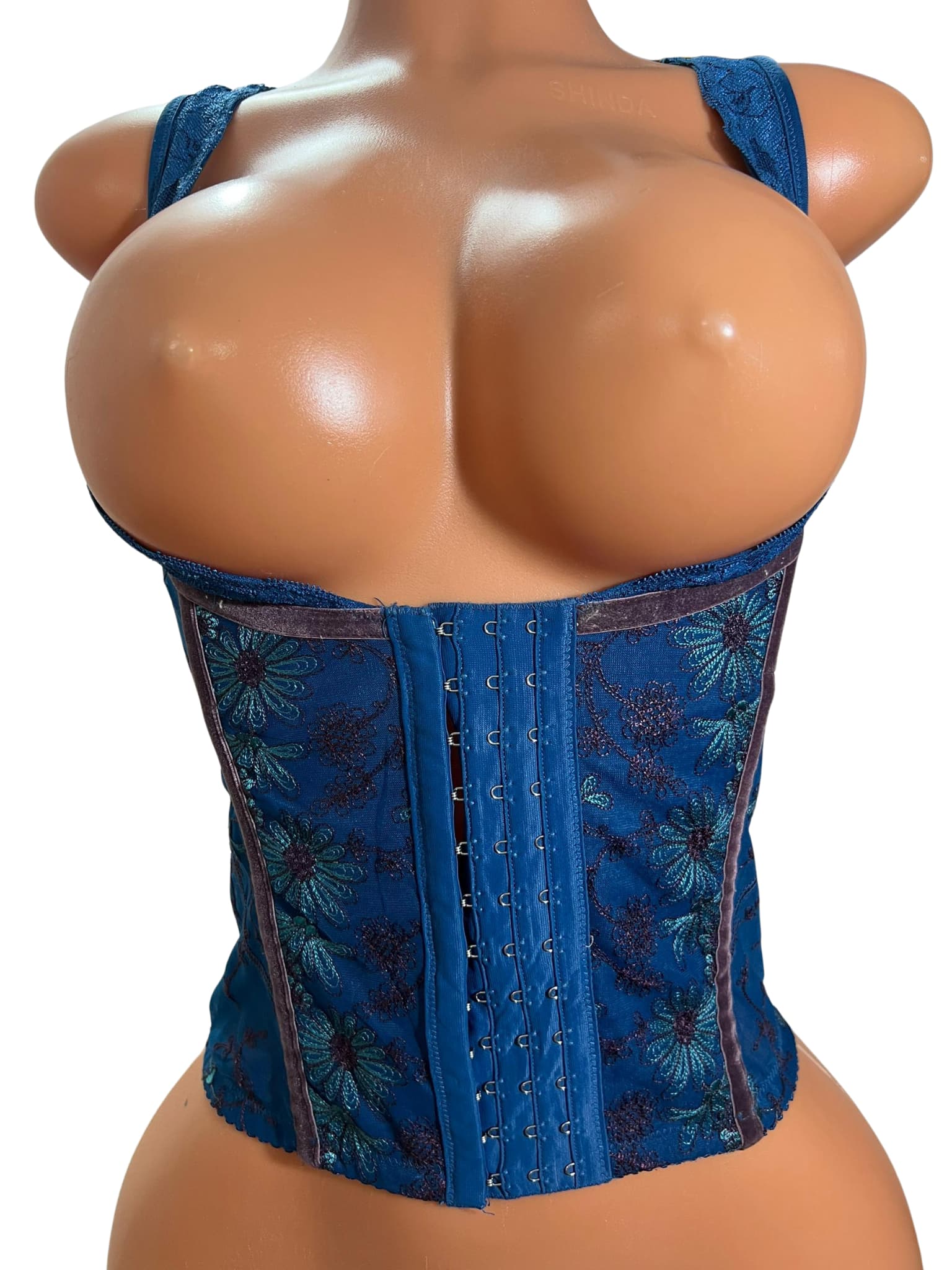 Blue floral lace shapewear corset top for large bust and waist sizes, with V-back lace panel and structured support for layering or solo wear